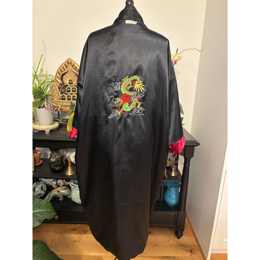 Lanna pine thai silk reversible kimono robe black red dragon embroidered sz l